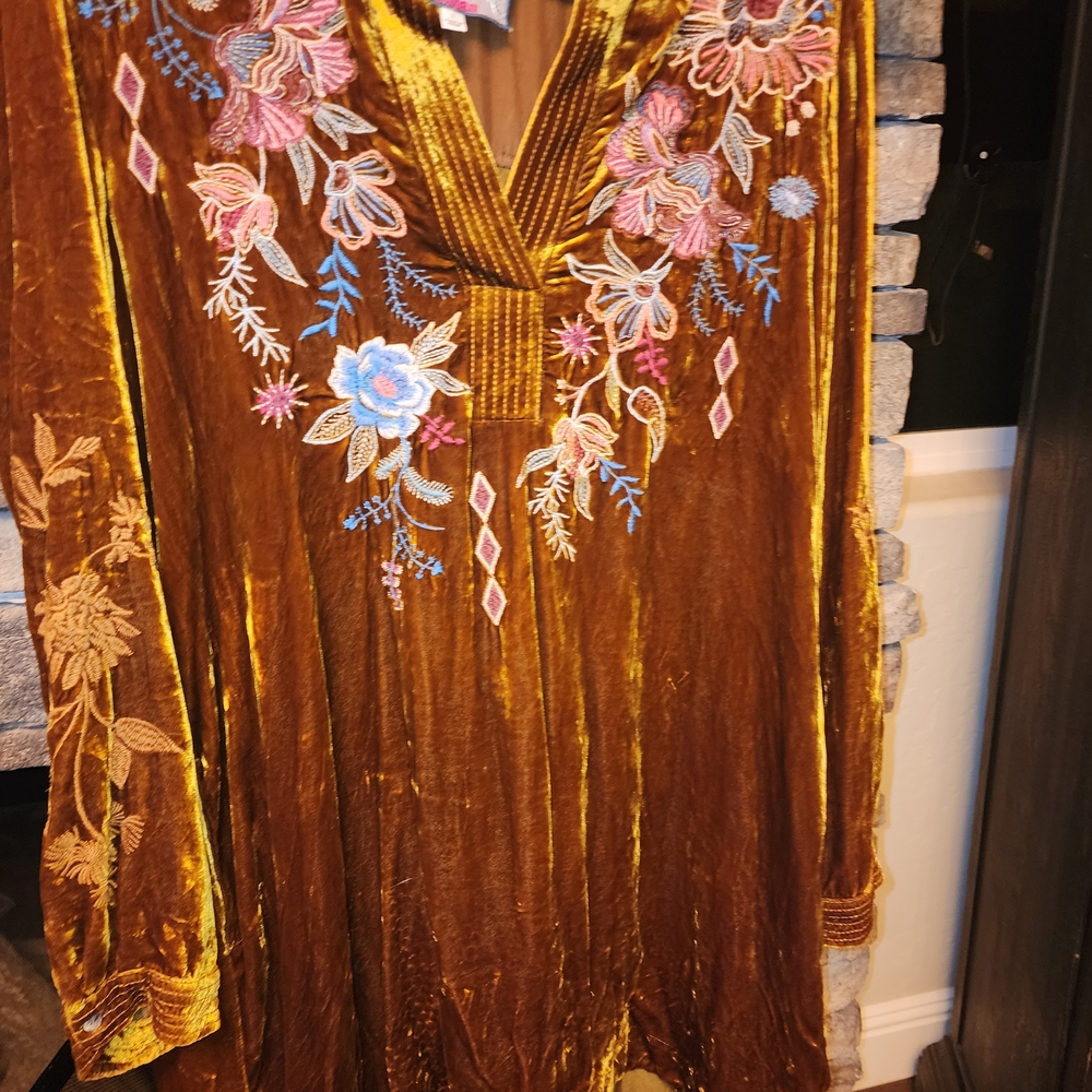 Johnny Was Gold Velvet Top with Pink Floral Embroidery